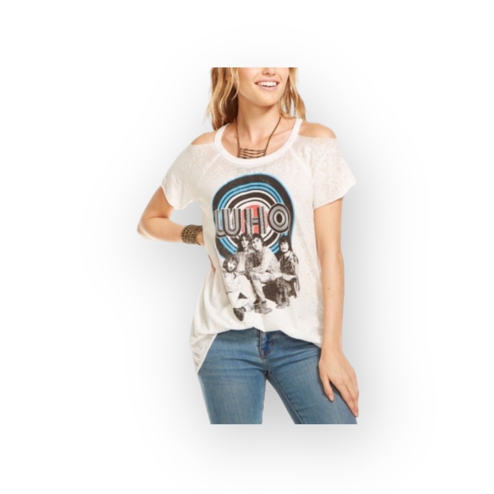 new Chaser ☻ The Who Cold Shoulder Concert Band Tee ☻︎ T Shirt ☻︎ White ☻︎ XS - Picture 13 of 14